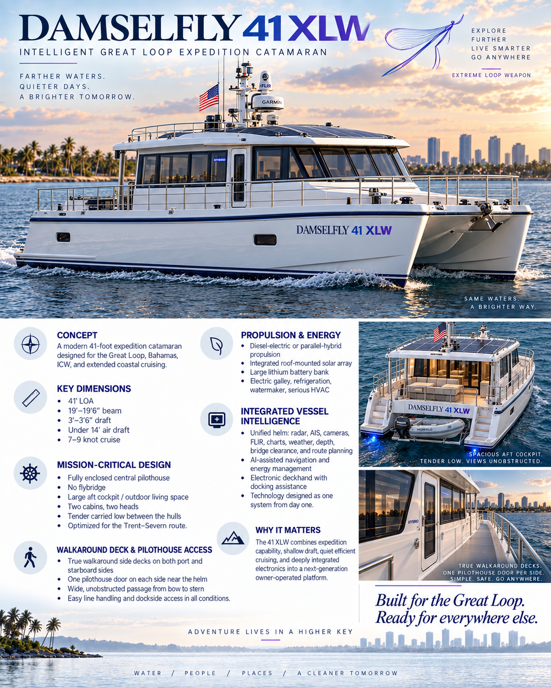 41XLW concept poster showing walkaround decks, pilot house access, tender location and integrated systems